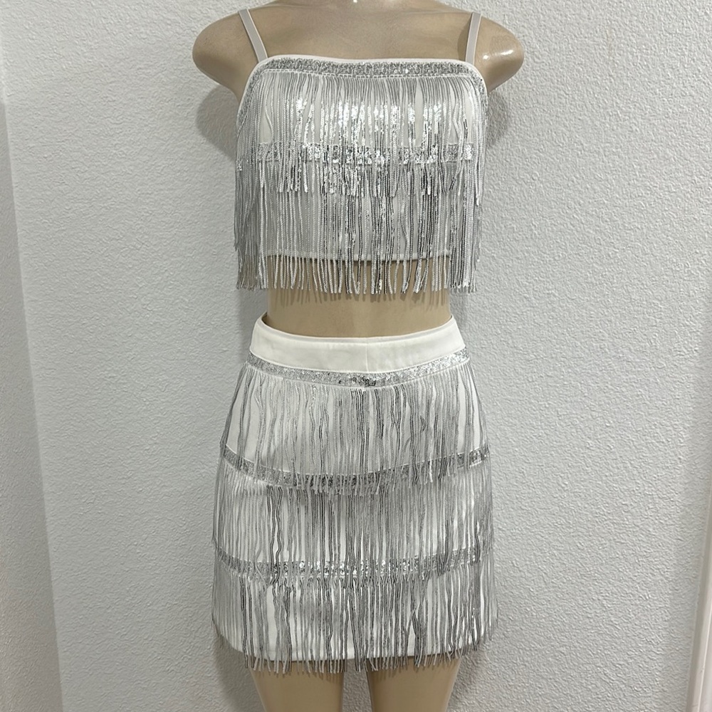 Silver White Embellished Mini Skirt for Cocktail Events